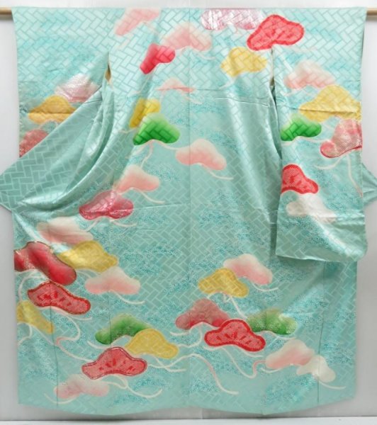 Photo1: 4616T13z1000 Vintage Japanese Kimono Silk FURISODE Pine Light blue (1)