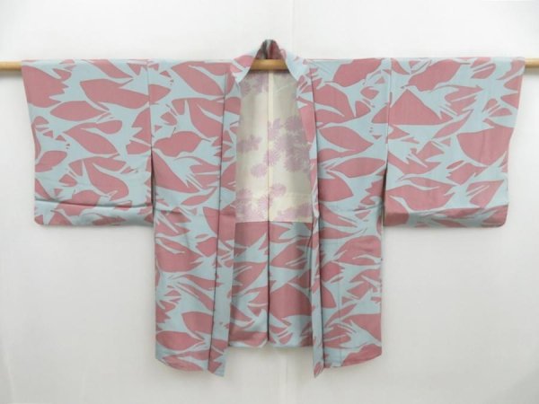 Photo5: 4618T02z540 Vintage Japanese Kimono Silk HAORI Flying crane Dull light blue (5)
