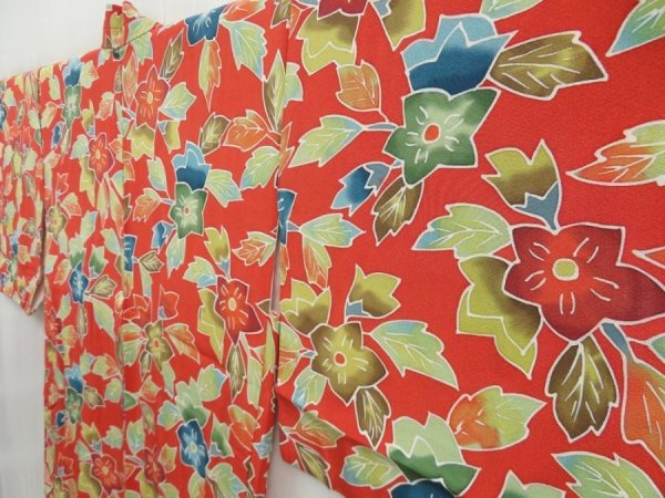 Photo2: 4621T10z630 Vintage Japanese Kimono Silk HAORI Flower Orange-Red (2)