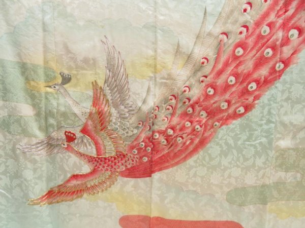 Photo8: 4621T12z1110 Vintage Japanese Kimono Silk FURISODE Peacock Celadon (8)