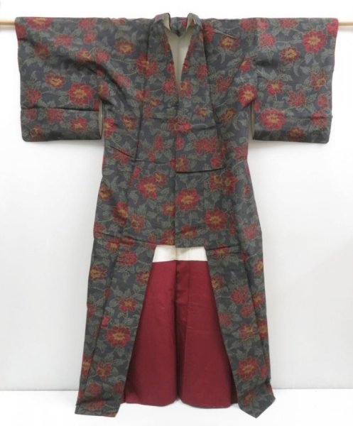Photo8: 4621T13z790 Vintage Japanese Kimono Silk TSUMUGI Flower Dark gray (8)