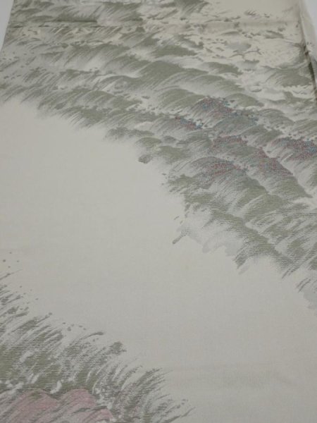 Photo1: 4i02z70  Japanese Kimono Silk  FABRIC Wave Light gray 47.2x14.0 (1)