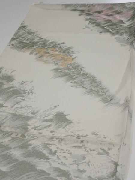 Photo3: 4i02z70  Japanese Kimono Silk  FABRIC Wave Light gray 47.2x14.0 (3)
