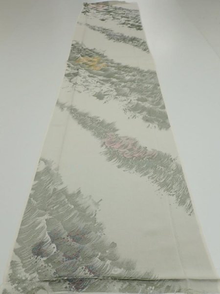 Photo5: 4i04z90  Japanese Kimono Silk  FABRIC Wave Light gray 61.4x14.0 (5)