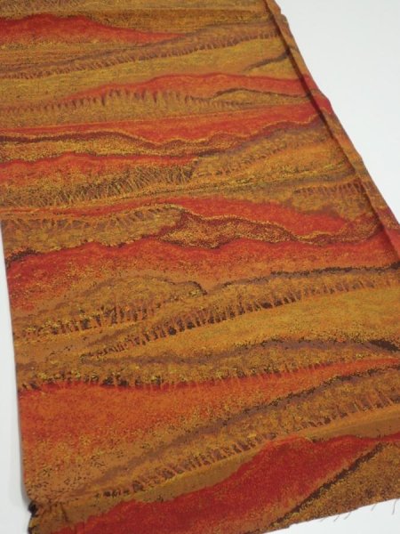 Photo2: 4i02z60  Japanese Kimono Crepe Silk  FABRIC Trees Yellow ochre 41.7x14.2 (2)