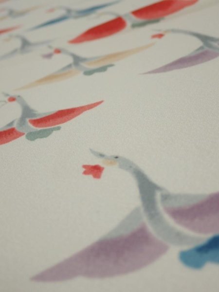 Photo4: 4i01z50  Japanese Kimono Silk  FABRIC Flying crane Off-white 40.2x14.4 (4)