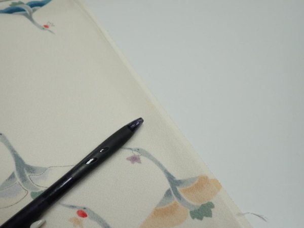 Photo8: 4i01z50  Japanese Kimono Silk  FABRIC Flying crane Off-white 40.2x14.4 (8)