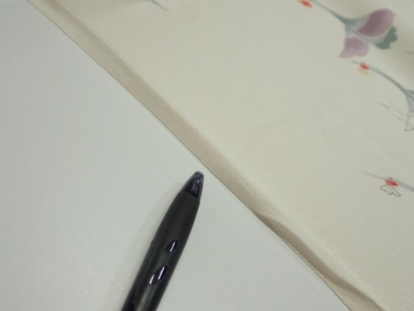 Photo9: 4i01z50  Japanese Kimono Silk  FABRIC Flying crane Off-white 40.2x14.4 (9)