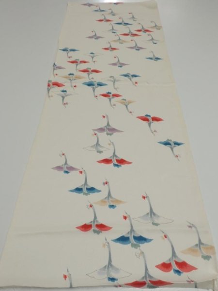 Photo8: 4i02z50  Japanese Kimono Silk  FABRIC Flying crane Off-white 39.4x14.6 (8)
