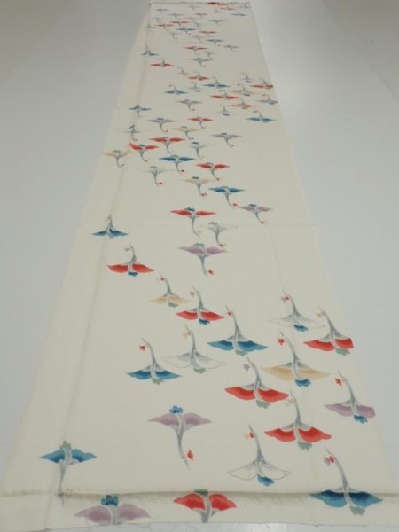 Photo9: 4i03z90  Japanese Kimono Silk  FABRIC Flying crane Off-white 66.1x14.6 (9)