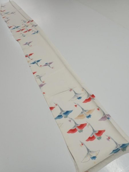 Photo8: 4i07z40  Japanese Kimono Silk  FABRIC Flying crane Off-white 60.6x7.3 (8)