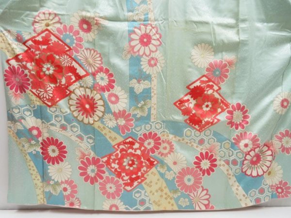 Photo5: 4623T11z810 Vintage Japanese Kimono Silk FURISODE Flowers Light blue (5)