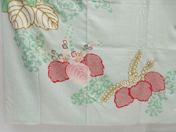 Photo4: 4623T12z850 Vintage Japanese Kimono Silk FURISODE Paulownia Light blue (4)