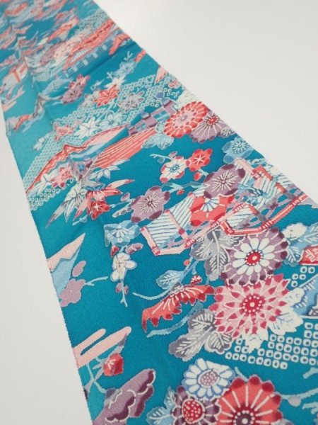 Photo1: 4D10z30  Japanese Kimono Crepe Silk  FABRIC Temple Cyan blue 35.4x7.3 (1)