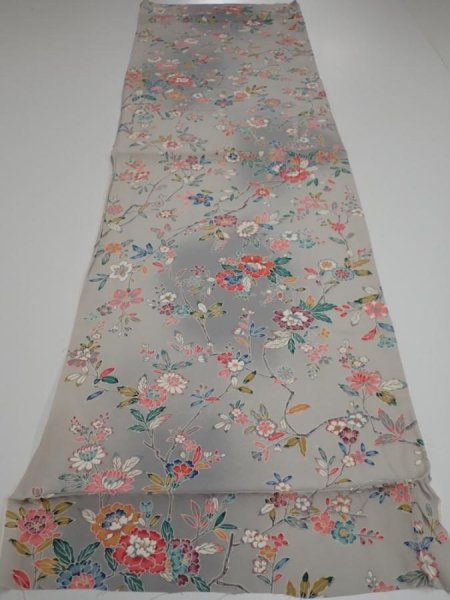 Photo5: 4D02z60  Japanese Kimono Silk  FABRIC Flowers Light gray 44.1x14.4 (5)