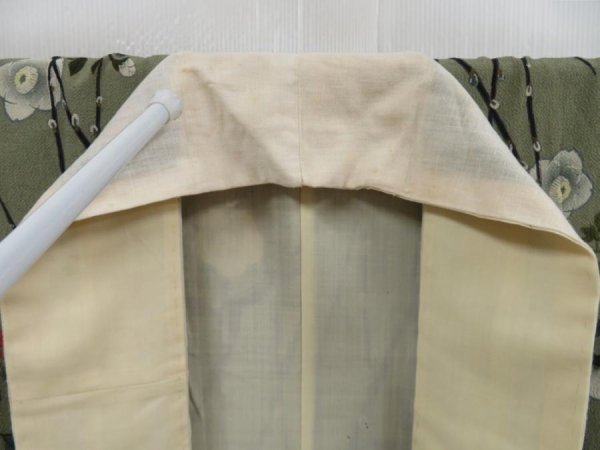 Photo6: 4622T09z690 Antique Japanese Kimono Crepe Silk JUBAN Camellia Dull olive (6)