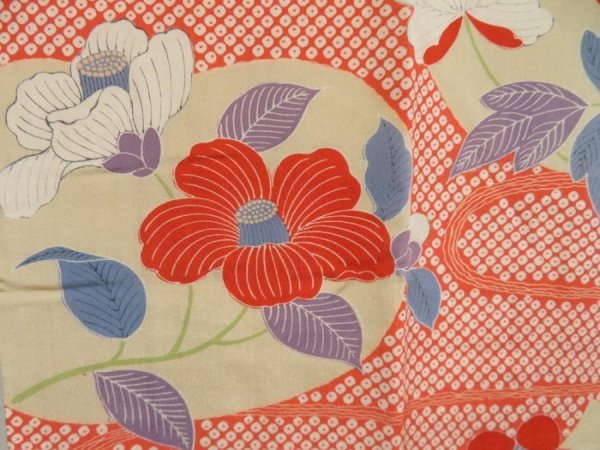 Photo4: 4622T15z540 Antique Japanese Kimono Silk JUBAN Chrysanthemum Sand beige (4)