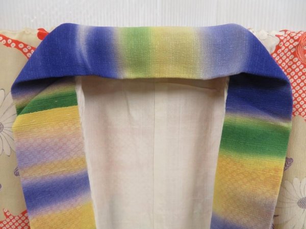 Photo5: 4622T15z540 Antique Japanese Kimono Silk JUBAN Chrysanthemum Sand beige (5)