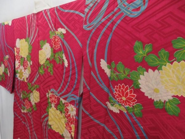 Photo2: 4629T03z590 Vintage Japanese Kimono Silk JUBAN Peony Wine red (2)