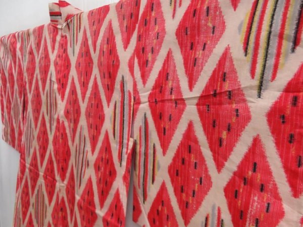 Photo2: 4629T14z390 Vintage Japanese Kimono Silk HAORI  Red (2)