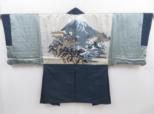 Photo1: 4714T10z550 Vintage Japanese Kimono Silk Men's OSHIMA HAORI Mt.Fuji (1)