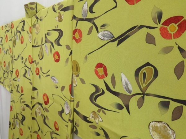 Photo2: 4718T09z560 Vintage Japanese Kimono Silk HAORI Camellia Yellow green (2)