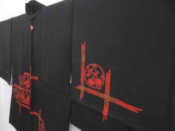 Photo2: 4718T14z620 Vintage Japanese Kimono Silk HAORI Plum blossom Black (2)