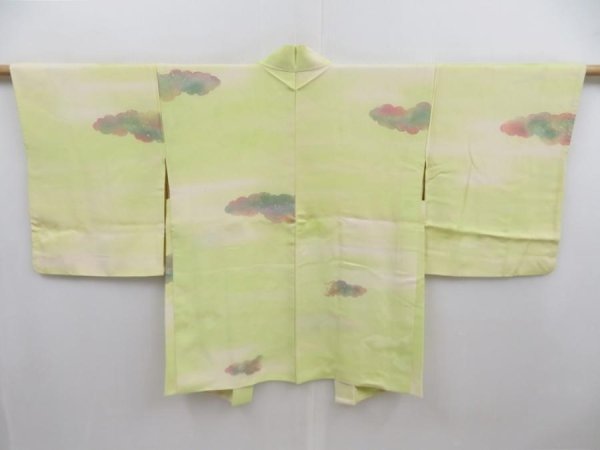Photo1: 4720T03z570 Vintage Japanese Kimono Silk HAORI Cloud Yellow green (1)