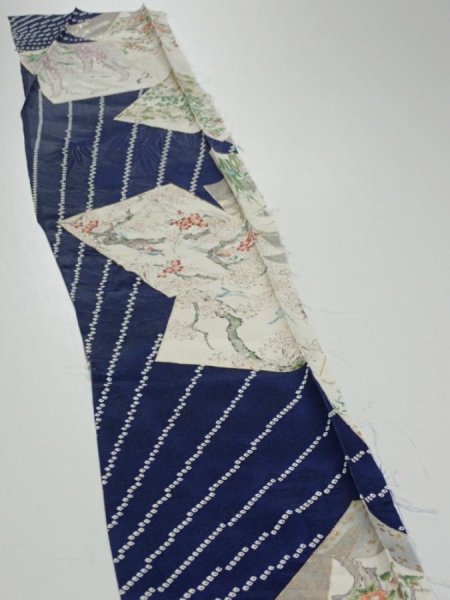 Photo3: 1W07z50  Japanese Kimono Silk  FABRIC Flowers Navy 59.8x7.3 (3)