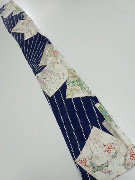 Photo5: 1W07z50  Japanese Kimono Silk  FABRIC Flowers Navy 59.8x7.3 (5)