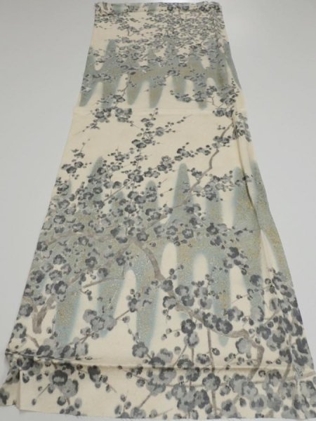Photo5: 1W01z60  Japanese Kimono Silk  FABRIC Plum tree Off-white 41.3x14.6 (5)