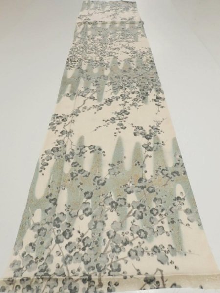 Photo5: 1W04z90  Japanese Kimono Silk  FABRIC Plum tree Off-white 63.8x14.6 (5)