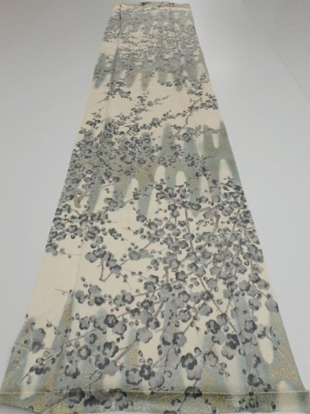 Photo5: 1W05z90  Japanese Kimono Silk  FABRIC Plum tree Off-white 63.0x14.6 (5)