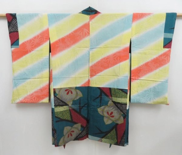 Photo8: 4722T03z540 Antique Japanese Kimono Silk MEISEN HAORI Tachibana Green-Blue (8)