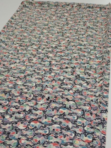 Photo3: 2C01z60  Japanese Kimono Silk  FABRIC Mandarin duck Black 40.6x14.6 (3)