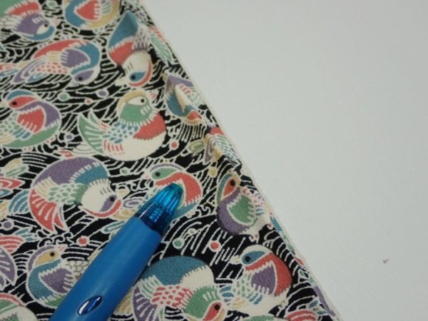 Photo6: 2C02z60  Japanese Kimono Silk  FABRIC Mandarin duck Black 40.2x14.6 (6)