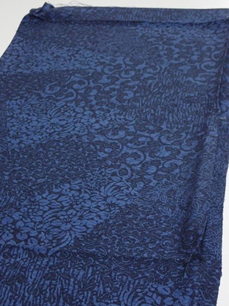 Photo3: 2C01z60  Japanese Kimono Silk  FABRIC Flowers Indigo blue 40.9x14.8 (3)
