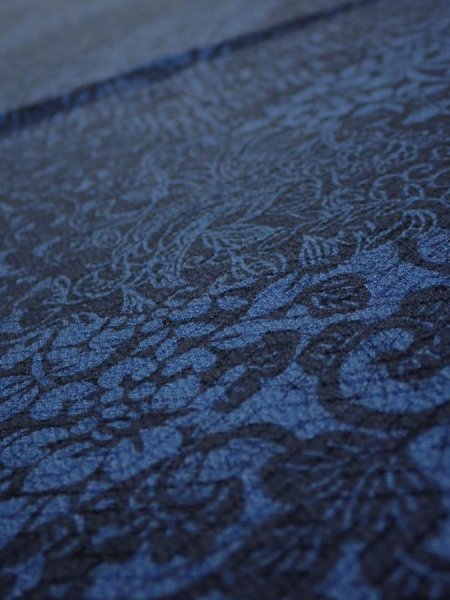 Photo4: 2C01z60  Japanese Kimono Silk  FABRIC Flowers Indigo blue 40.9x14.8 (4)