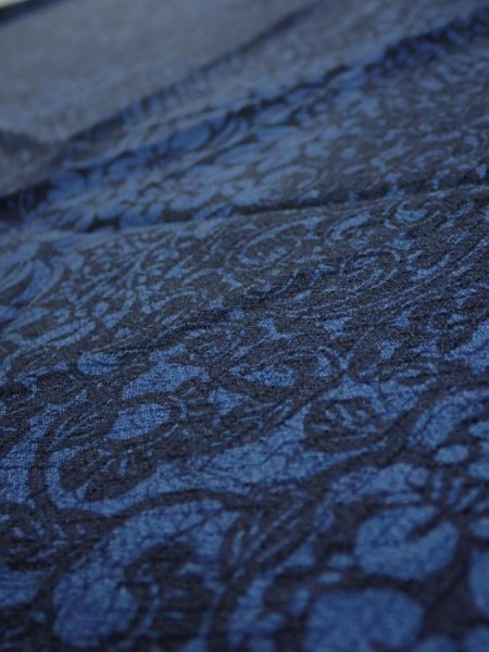 Photo4: 2C02z60  Japanese Kimono Silk  FABRIC Flowers Indigo blue 40.9x14.6 (4)