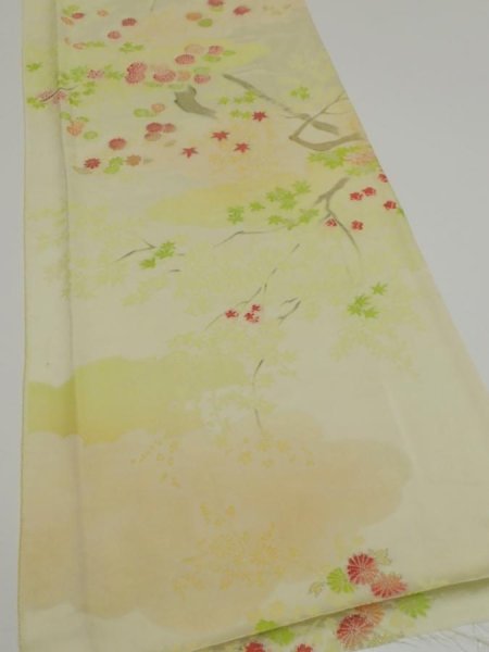 Photo2: 2C05z80  Japanese Kimono Silk  FABRIC Chrysanthemum Light lime 63.0x14.2 (2)
