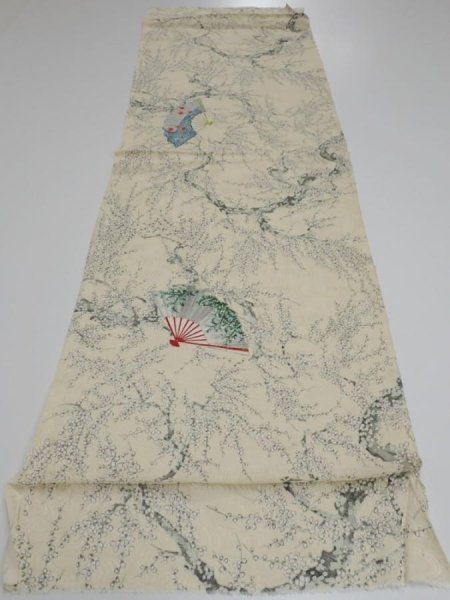 Photo5: 2C01z60  Japanese Kimono Silk  FABRIC Plum tree Pale yellow 44.1x14.2 (5)