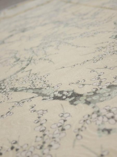 Photo4: 2C02z90  Japanese Kimono Silk  FABRIC Plum tree Pale yellow 64.2x14.2 (4)