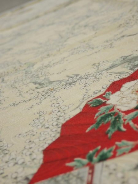 Photo4: 2C04z90  Japanese Kimono Silk  FABRIC Plum tree Pale yellow 63.8x14.2 (4)