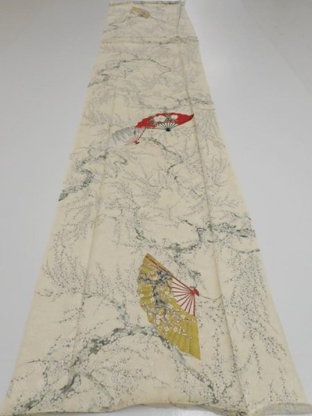 Photo9: 2C04z90  Japanese Kimono Silk  FABRIC Plum tree Pale yellow 63.8x14.2 (9)