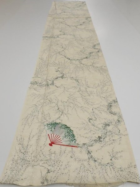 Photo5: 2C05z90  Japanese Kimono Silk  FABRIC Plum tree Pale yellow 63.8x14.2 (5)