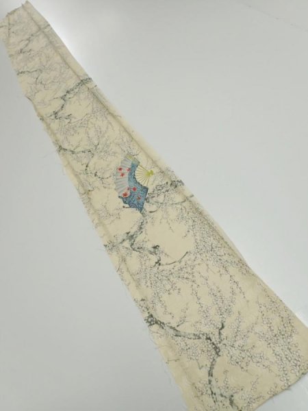 Photo7: 2C07z50  Japanese Kimono Silk  FABRIC Plum tree Pale yellow 59.8x7.5 (7)