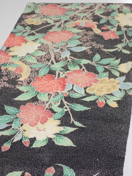 Photo3: 2F02z80  Japanese Kimono Crepe Silk  FABRIC Flowers Bird 46.5x13.4 (3)