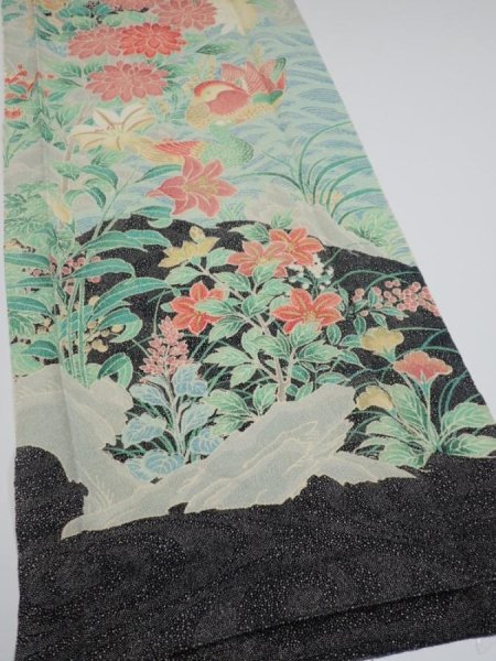 Photo2: 2F05z120  Japanese Kimono Crepe Silk  FABRIC Flowers Mandarin duck 65.4x13.6 (2)