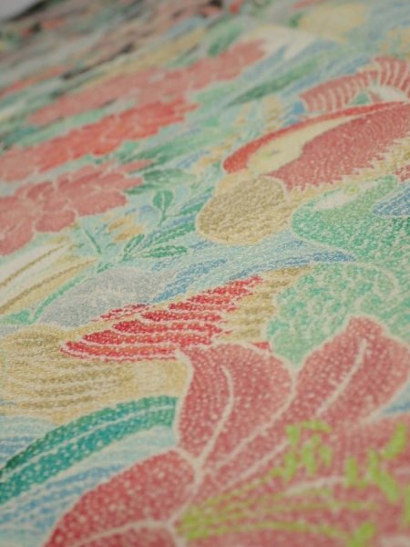 Photo4: 2F05z120  Japanese Kimono Crepe Silk  FABRIC Flowers Mandarin duck 65.4x13.6 (4)