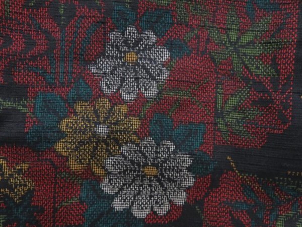 Photo7: 4803T03z890 Vintage Japanese Kimono Silk TSUMUGI Flowers Black (7)